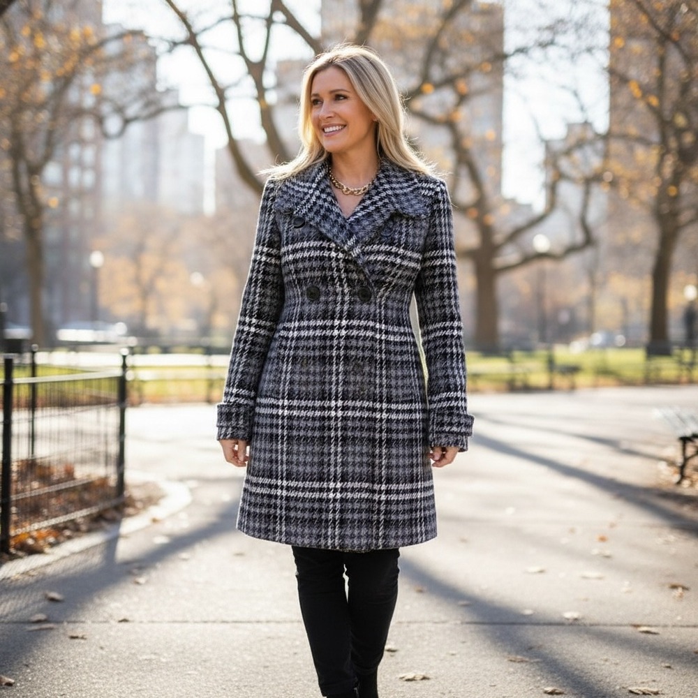 Miss Sixty M60 Women Plaid Wool Blend Double Breasted Pea Coat Grey Black Medium